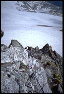 Monika climbing the blocky terrain of Granatspitzen Ostgrat